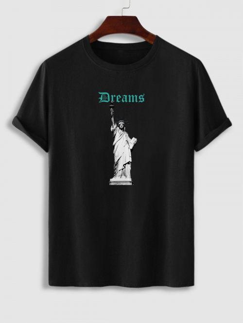 ZAFUL Men's Men's Crew Neck Cotton Dreams Letter Statue of Liberty Pattern Short Sleeves T-shirt S Black