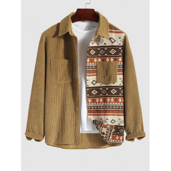 ZAFUL Men's ZAFUL Men's Retro Ethnic Aztec Printed Front Pocket Design Corduroy Spliced Long Sleeves Shacket Xl Coffee