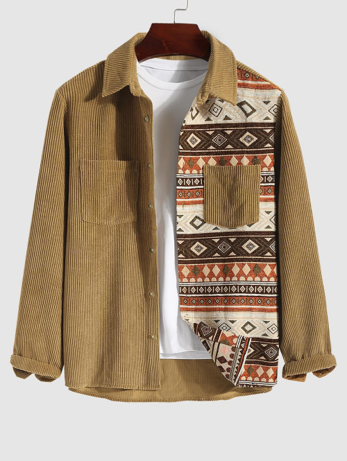 ZAFUL Men's ZAFUL Men's Retro Ethnic Aztec Printed Front Pocket Design Corduroy Spliced Long Sleeves Shacket L Coffee