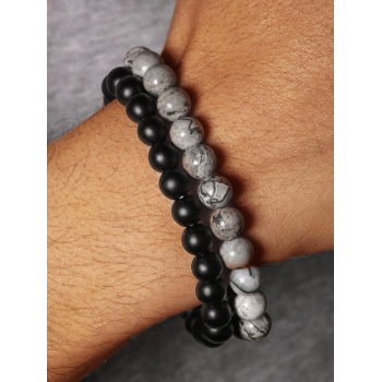 2Pcs Men's Black Dull Polish Map Pattern Agate Elastic Bracelets