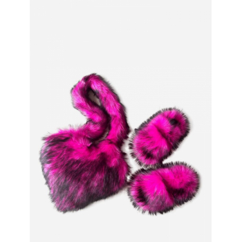 Women Fashion Streetwear Fuzzy Fluffy Furry Faux Fur Textured Slippers Slides with Heart Shape Shoulder Bag for Women and Men