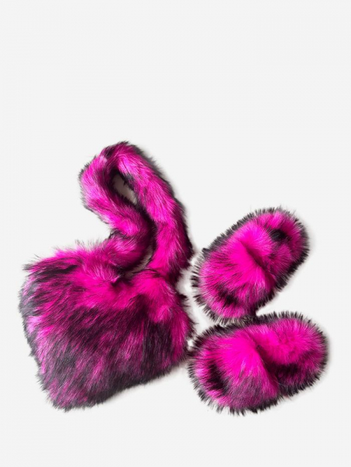 Women Fashion Streetwear Fuzzy Fluffy Furry Faux Fur Textured Slippers Slides with Heart Shape Shoulder Bag for Women and Men