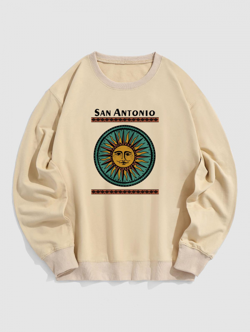 ZAFUL Men's Men's Ethnic Sun Letter Graphic Print Long Sleeve Crew Neck Pullover Sweatshirt L Light coffee