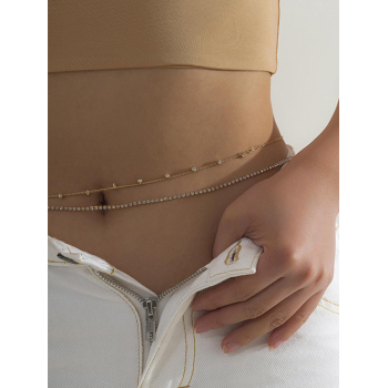 Fashion Women Women's 2Pcs Minimalist Style Beach Bikinis Double Layered Stacked Rhinestones Metal Body Waist Belly Chains