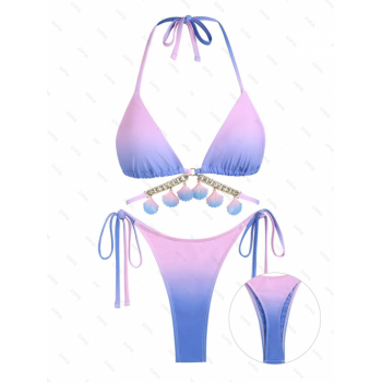 ZAFUL Women's Sexy Mermaidcore Two Piece Swimwear Ombre Shell Decorated Chain Hardware Rhinestone Halter Tie Side String Floss Thong Bikini Set M Purp