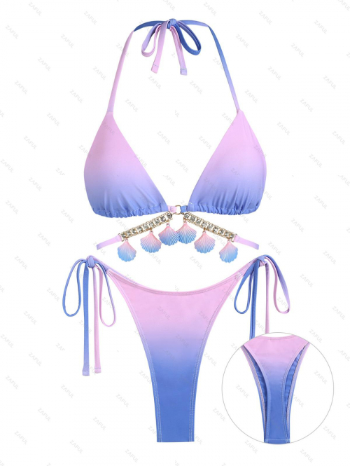 ZAFUL Women's Sexy Mermaidcore Two Piece Swimwear Ombre Shell Decorated Chain Hardware Rhinestone Halter Tie Side String Floss Thong Bikini Set M Purp