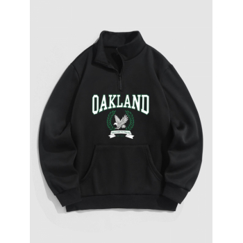 ZAFUL Men's Men's OAKLAND Eagle Printed Quarter Zip Stand Collar Kangaroo Pocket Thermal Fleece-lined Pullover Sweatshirt L Black