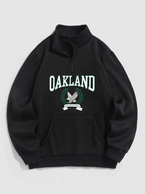 ZAFUL Men's Men's OAKLAND Eagle Printed Quarter Zip Stand Collar Kangaroo Pocket Thermal Fleece-lined Pullover Sweatshirt L Black