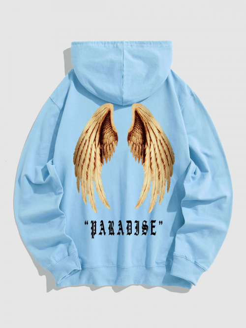 ZAFUL Men's Men's Gothic Style Letter PARADISE Wings Pattern Kangaroo Pocket Pullover Hoodie S Light blue