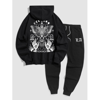 ZAFUL Men's Men's Vintage Gothic Style Butterfly Eye Hands Pattern Kangaroo Pocket Pullover Hoodie and LA Letter Sweatpants Sports Set Black