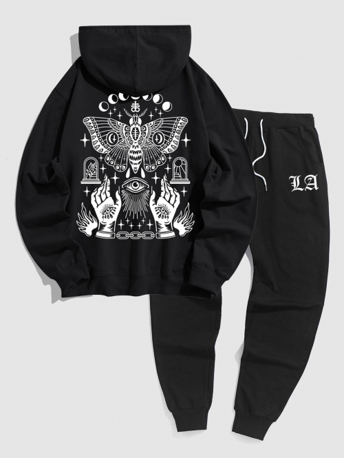 ZAFUL Men's Men's Vintage Gothic Style Butterfly Eye Hands Pattern Kangaroo Pocket Pullover Hoodie and LA Letter Sweatpants Sports Set Black