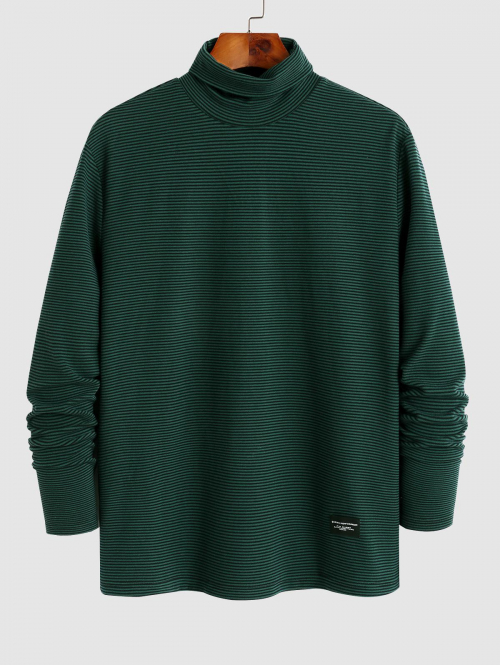 ZAFUL Men's Turtleneck Striped Fuzzy Long Sleeves Thermal T Shirt L Deep green