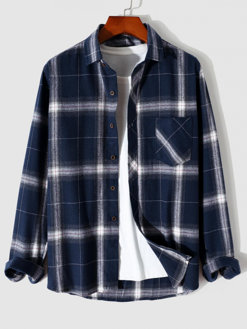 ZAFUL Men's Men's Casual Daily Layering Button Up Long Sleeve Plaid Front Pocket Shirt S Blue