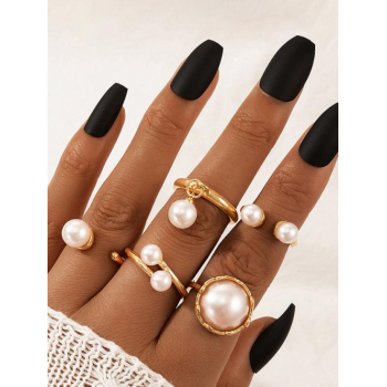 Women's 5Pcs Romantic Faux Pearls Embellished Metal Cuff Rings Set