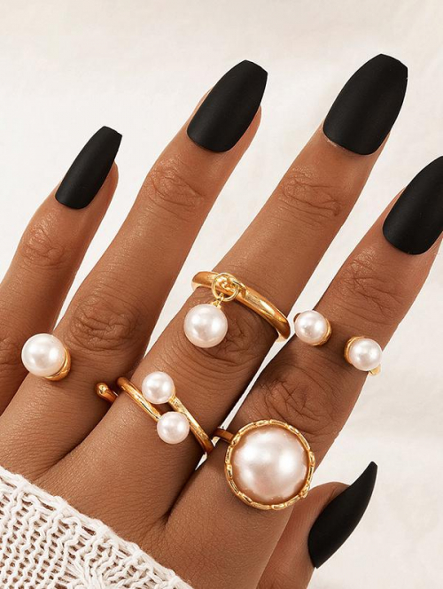 Women's 5Pcs Romantic Faux Pearls Embellished Metal Cuff Rings Set