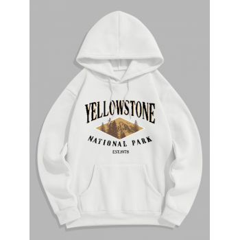 ZAFUL Men's Men's YELLOWSTONE NATIONAL PARK Trees Pattern Fuzzy Fleece-lined Kangaroo Pocket Pullover Hoodie L White