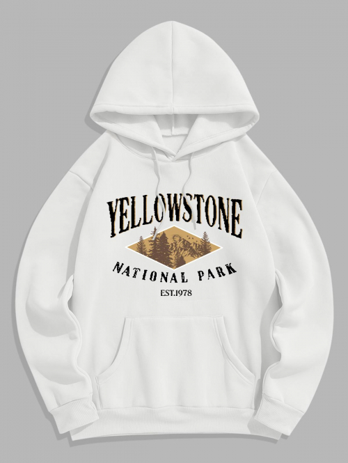 ZAFUL Men's Men's YELLOWSTONE NATIONAL PARK Trees Pattern Fuzzy Fleece-lined Kangaroo Pocket Pullover Hoodie L White