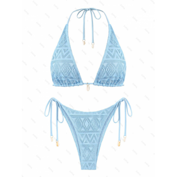 ZAFUL Women's Convertible Mermaidcore Lace Shell Decor Halter Bandeau Strapless Tie Side String Bikini Set Matching Two Piece Set L Light blue