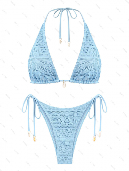 ZAFUL Women's Convertible Mermaidcore Lace Shell Decor Halter Bandeau Strapless Tie Side String Bikini Set Matching Two Piece Set L Light blue