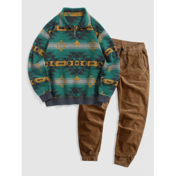 ZAFUL Men's Men's Casual Vintage Mix and Match Ethnic Aztec Print Half Zip Sweatshirt Drawstring Jogger Corduroy Pants Two Piece Set Deep green