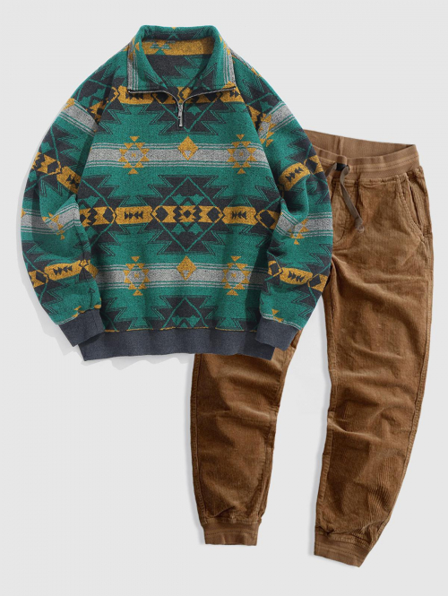 ZAFUL Men's Men's Casual Vintage Mix and Match Ethnic Aztec Print Half Zip Sweatshirt Drawstring Jogger Corduroy Pants Two Piece Set Deep green