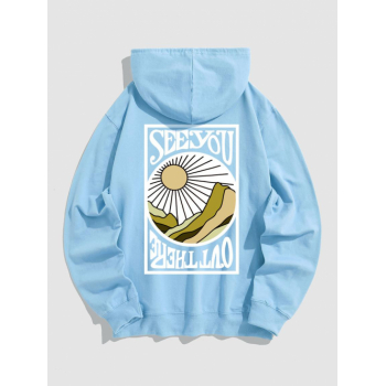 ZAFUL Men's Men's SEE YOU Letter Sun Mountain Pattern Kangaroo Pocket Cotton Pullover Hoodie L Light blue