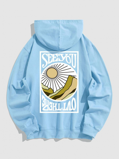 ZAFUL Men's Men's SEE YOU Letter Sun Mountain Pattern Kangaroo Pocket Cotton Pullover Hoodie L Light blue