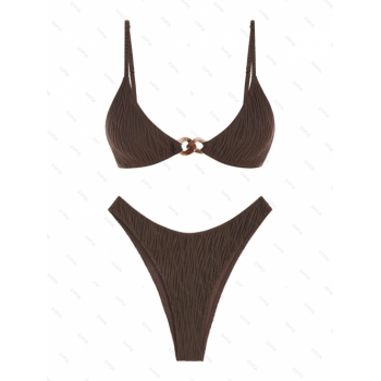 ZAFUL Women's Wave Textured Solid Color Lined Chunky Chain Decor High Cut Brazilian Cheeky Bikini Set Two Piece Swimwear S Deep coffee