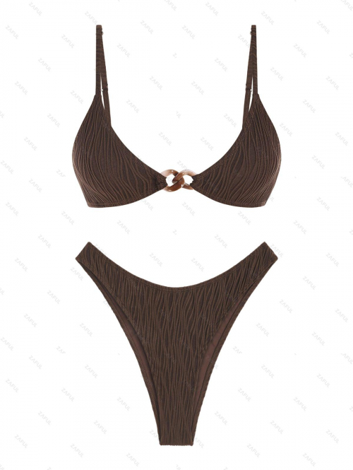 ZAFUL Women's Wave Textured Solid Color Lined Chunky Chain Decor High Cut Brazilian Cheeky Bikini Set Two Piece Swimwear S Deep coffee