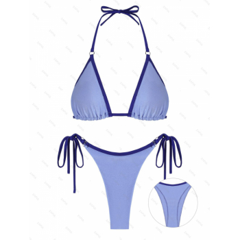 ZAFUL Women's Sexy Contrast Piping Design Halter Tied Side String Triangle Tanga Thong Bikini Set Two Piece Swimwear M Light blue