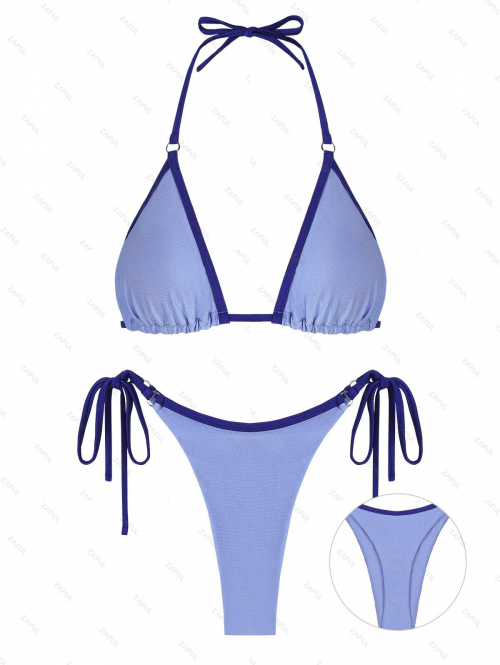 ZAFUL Women's Sexy Contrast Piping Design Halter Tied Side String Triangle Tanga Thong Bikini Set Two Piece Swimwear S Light blue