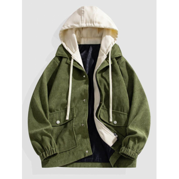 ZAFUL Men's Men's Faux Two-pieces Colorblock Button Pocket Zip Fly Hooded Corduroy Jacket 2xl Army green