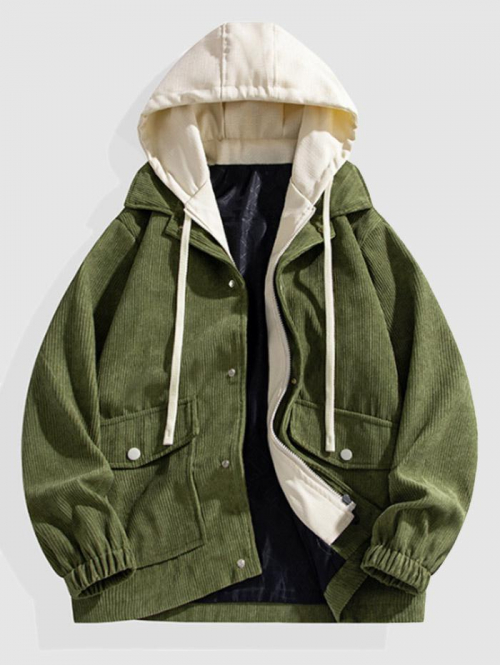 ZAFUL Men's Men's Faux Two-pieces Colorblock Button Pocket Zip Fly Hooded Corduroy Jacket 2xl Army green