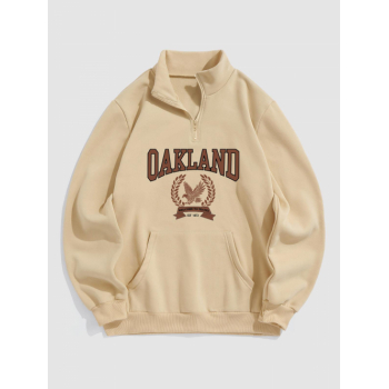 ZAFUL Men's Men's OAKLAND Eagle Printed Quarter Zip Stand Collar Kangaroo Pocket Thermal Fleece-lined Pullover Sweatshirt L Light coffee