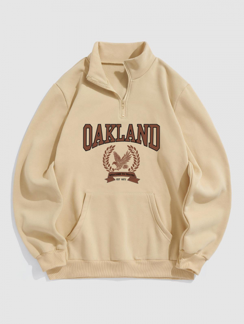 ZAFUL Men's Men's OAKLAND Eagle Printed Quarter Zip Stand Collar Kangaroo Pocket Thermal Fleece-lined Pullover Sweatshirt L Light coffee