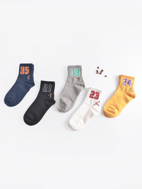 ZAFUL 5Pairs College Style Letter Basketball Player Pattern Crew Socks for Women and Men