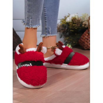 Women Cute Christmas Elk Shape Letter Embroidered Fluffy Teddy Fleece Warmth Antislip Slippers