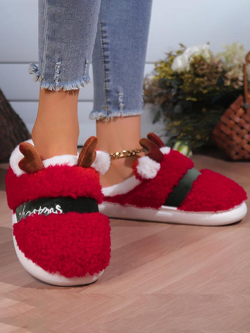 Women Cute Christmas Elk Shape Letter Embroidered Fluffy Teddy Fleece Warmth Antislip Slippers