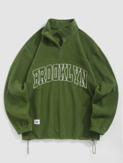 ZAFUL Men's ZAFUL Men's BROOKLYN Letter Embroidered Fuzzy Polar Fleece Quarter Zip Stand Collar Pullover Sweatshirt L Deep green