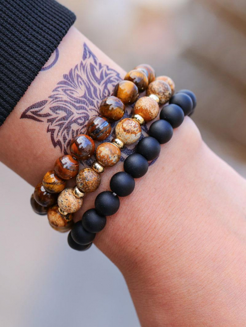 Men's Retro 3Pcs 8mm Frosted Tiger's Eye Stone Elastic Bracelets