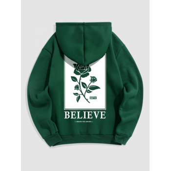 ZAFUL Men's Men's BELIEVE Rose Pattern Thermal Fleece-lined Kangaroo Pocket Pullover Hoodie 2xl Deep green