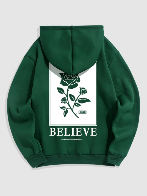 ZAFUL Men's Men's BELIEVE Rose Pattern Thermal Fleece-lined Kangaroo Pocket Pullover Hoodie 2xl Deep green