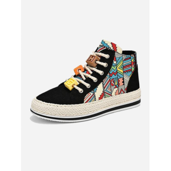 Men Men's Ethnic Aztec Print Espadrille Cube Decorated Lace Up High Top Corduroy Shoes