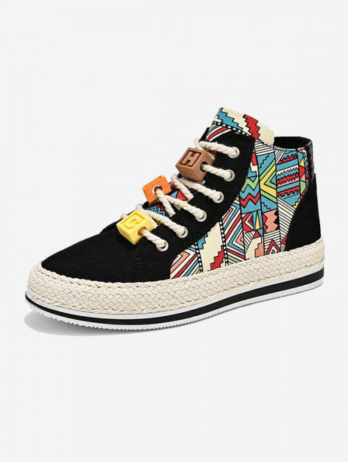 Men Men's Ethnic Aztec Print Espadrille Cube Decorated Lace Up High Top Corduroy Shoes