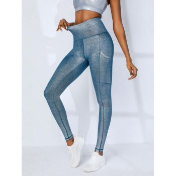 Women Sports Glitter Metallic Sequin Yoga Leggings with Phone Pocket L Blue