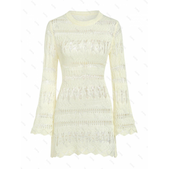 Women's Vacation Solid Color Ripped Distressed Open Knit Scalloped Edge Crew Neck Long Sleeve Beach Cover Up Mini Dress L Light yellow