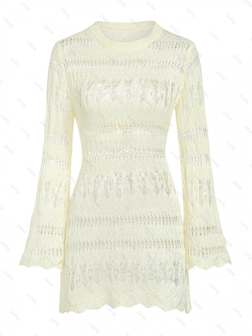 Women's Vacation Solid Color Ripped Distressed Open Knit Scalloped Edge Crew Neck Long Sleeve Beach Cover Up Mini Dress L Light yellow