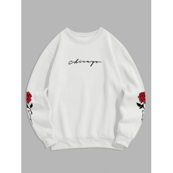 ZAFUL Men's Men's Chicago Rose Printed Crew Neck Fleece-lined Pullover Sweatshirt L White