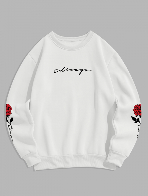 ZAFUL Men's Men's Chicago Rose Printed Crew Neck Fleece-lined Pullover Sweatshirt L White