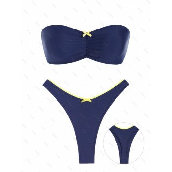 ZAFUL Women's Bowknot Design Lace Up Cinched Ruched Side Fishbone Lace Trim Bandeau Thong  Bikini Two Piece Set Swimwear M Deep blue